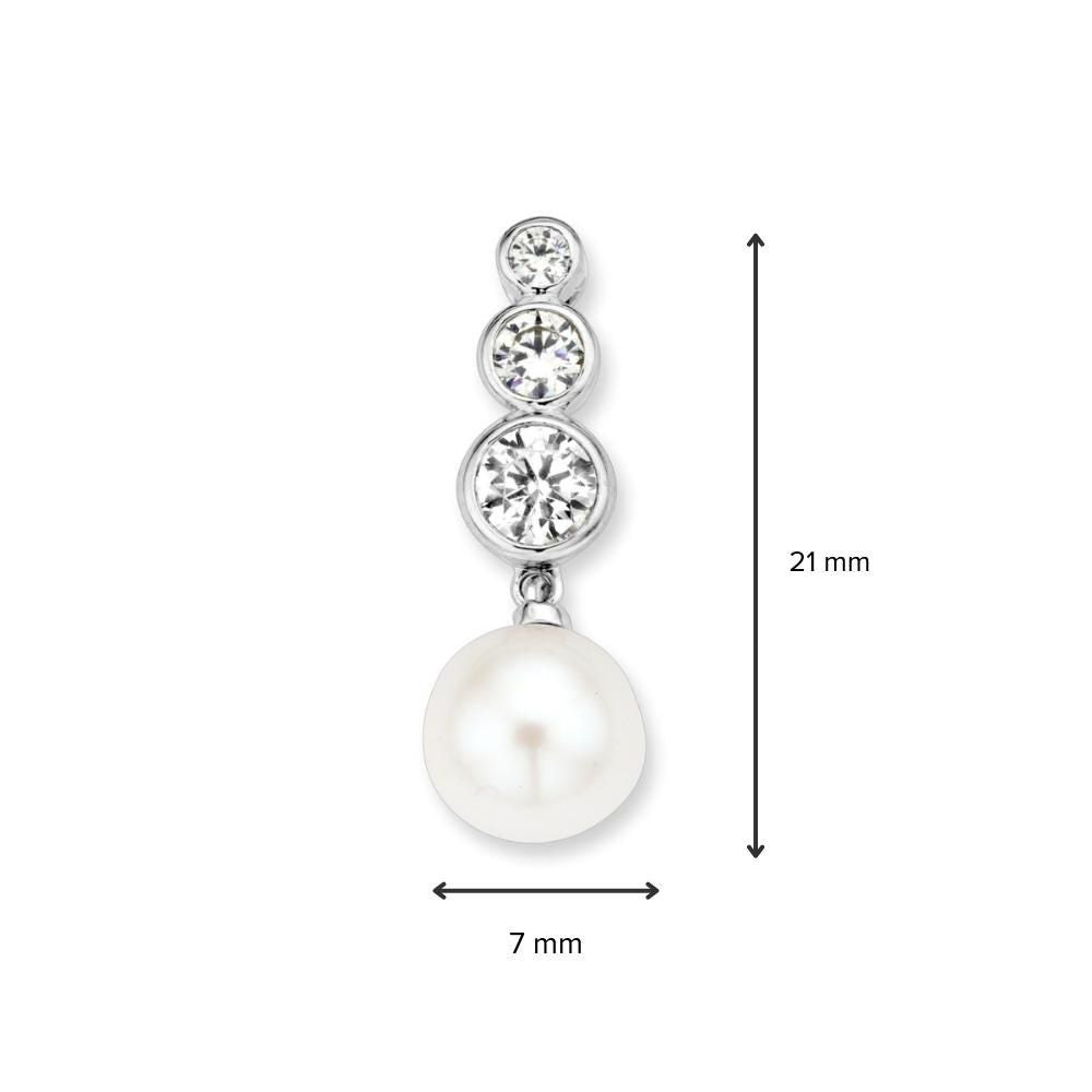Ciondolo in oro bianco con perlina d'acqua dolce e zirconi – 14 carati, 0,9 grammi, 21 mm