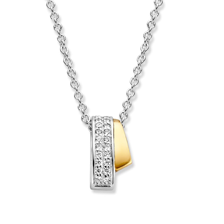Ciondolo in argento e oro con zirconi bianchi, forma rettangolare, 16 mm.