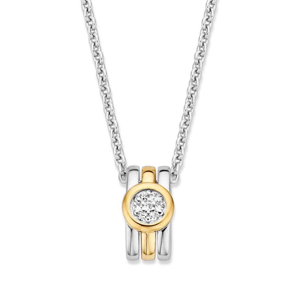 Ciondolo argento con dettagli dorati e zirconi bianchi, diametro di 14 mm.