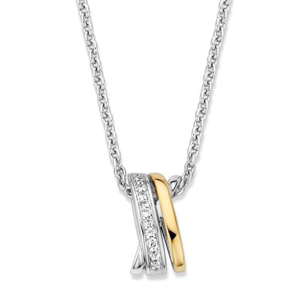 Ciondolo argento e oro con zirconi bianchi, forma intrecciata, diametro di 15 mm.