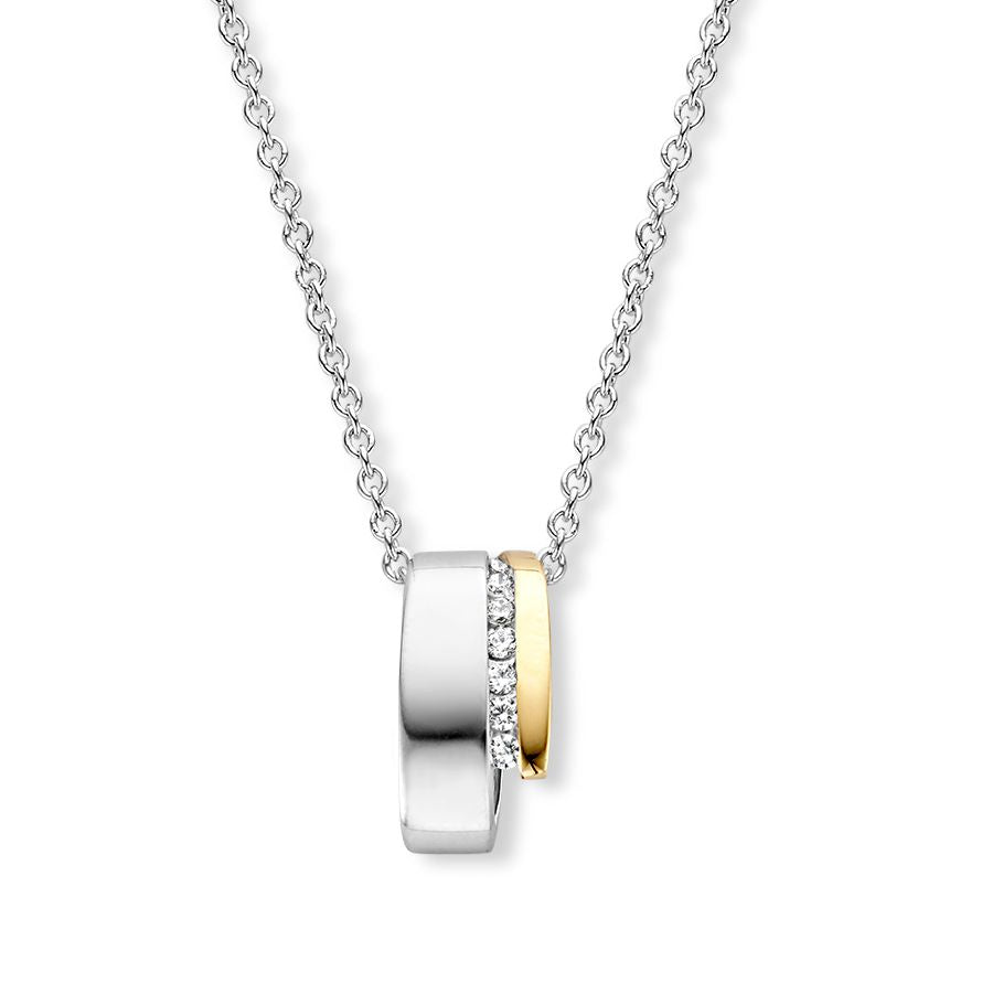Ciondolo in argento e oro con zirconi bianchi, forma ondulata, dimensione 18 mm.