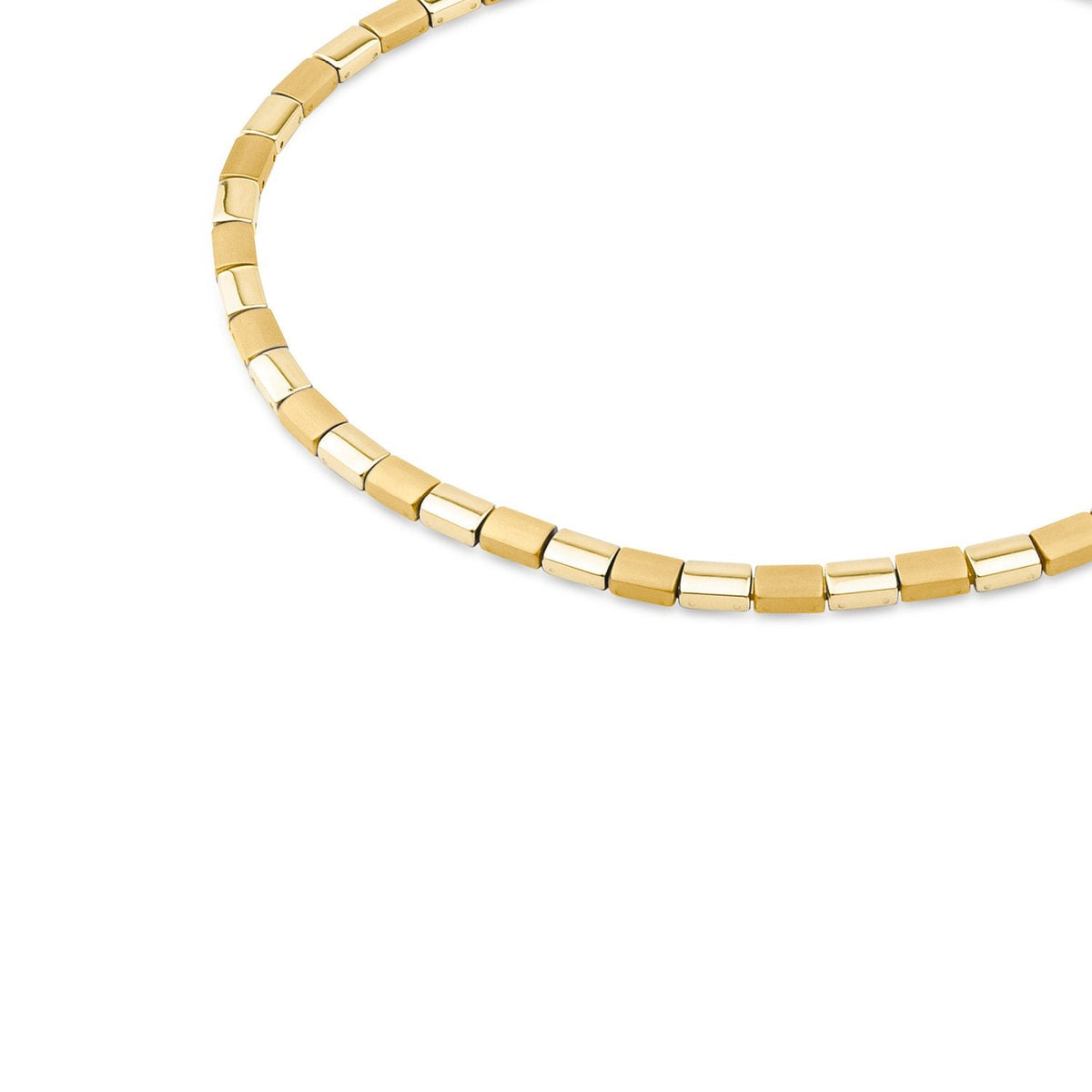 Collana in titanio con elementi dorati e argentati, design a maglia rolò.