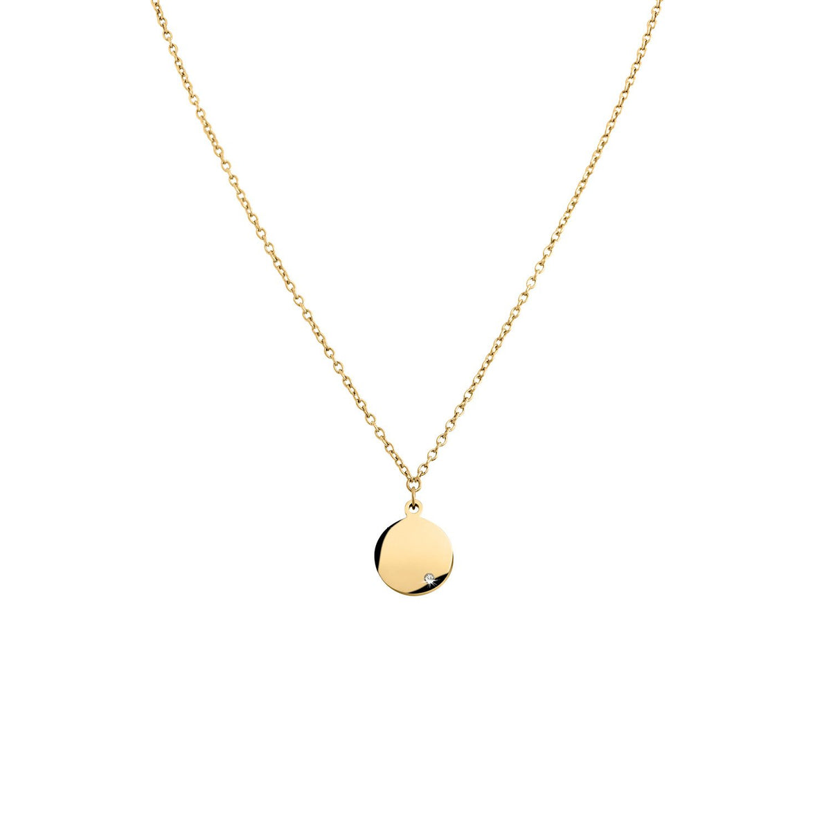 Collana in titanio con pendente rotondo placcato oro, finitura lucida.