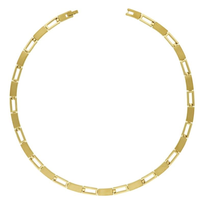 Collana in titanio placcata oro con maglie rettangolari.