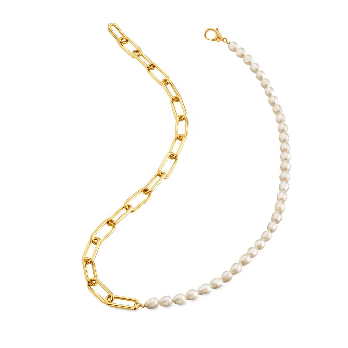 Collana in titanio con elementi dorati e perle bianche.