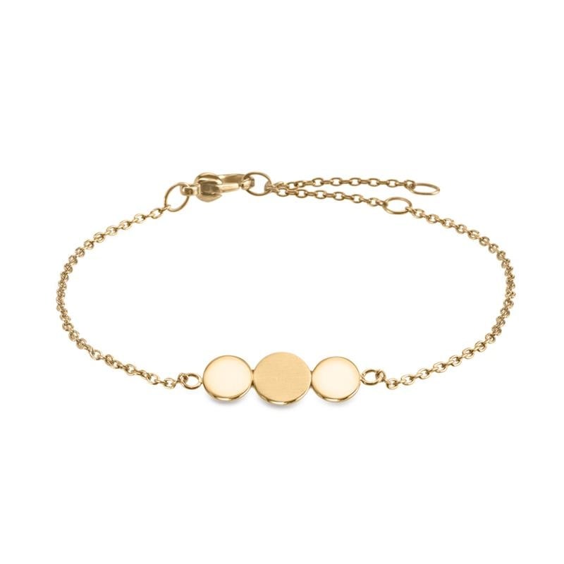 Bracciale in titanio con tre dischi dorati e catena regolabile.