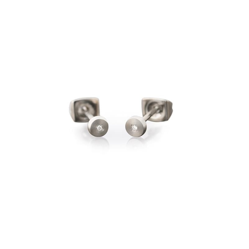 Orecchini in titanio con diamante, forma rotonda e finitura lucida.