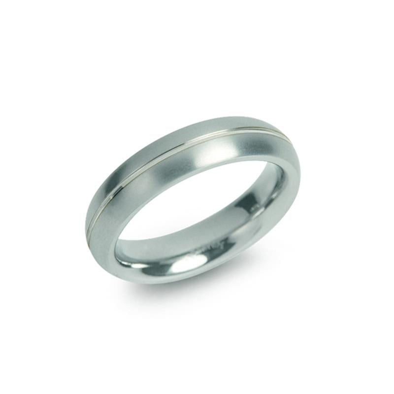 Anello in titanio con finitura lucida e linea centrale satinata.