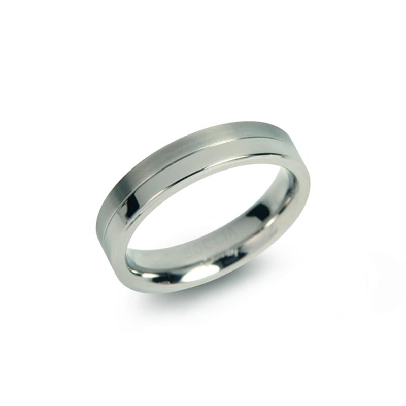 Anello in titanio lucido con finitura liscia e linea centrale.