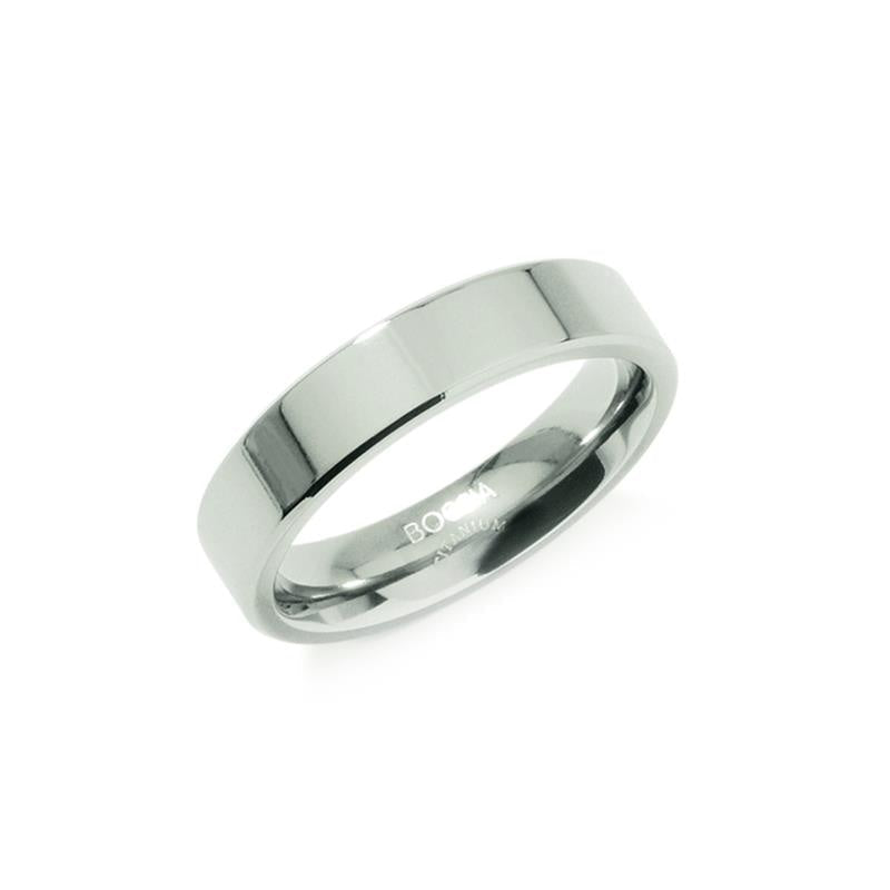 Anello in titanio lucido con finitura liscia e forma semplice.