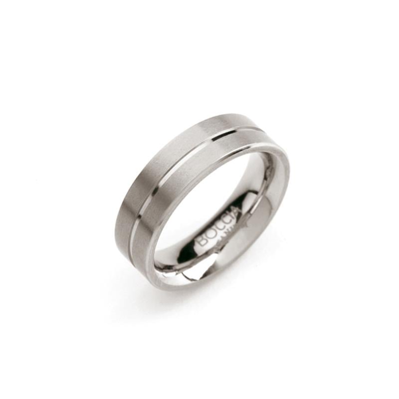 Anello in titanio con finitura opaca e dettagli lucidi, design semplice e moderno.