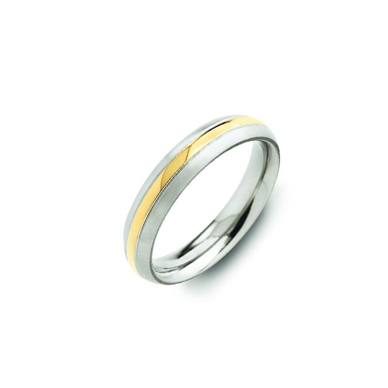 Anello in titanio bicolore con una fascia dorata centrale e finitura lucida.