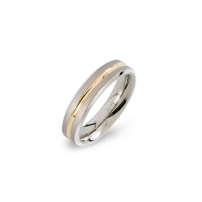Anello in titanio bicolore con finitura lucida e striscia dorata.
