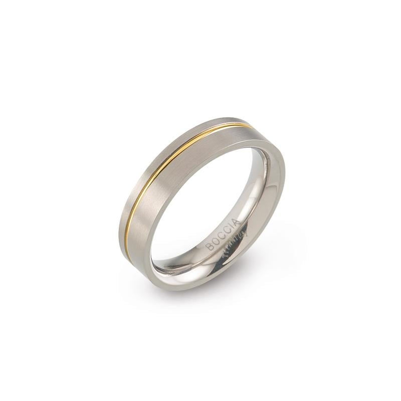 Anello in titanio bicolore con una linea dorata centrale.