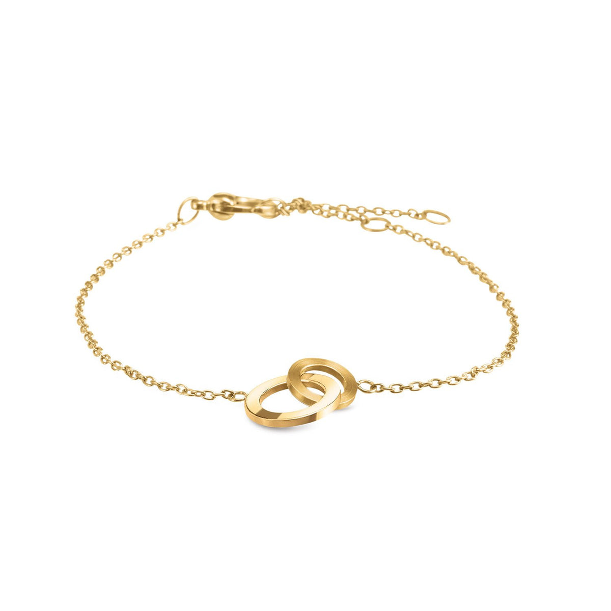 Bracciale in titanio con due anelli intrecciati, finitura dorata e catena sottile.