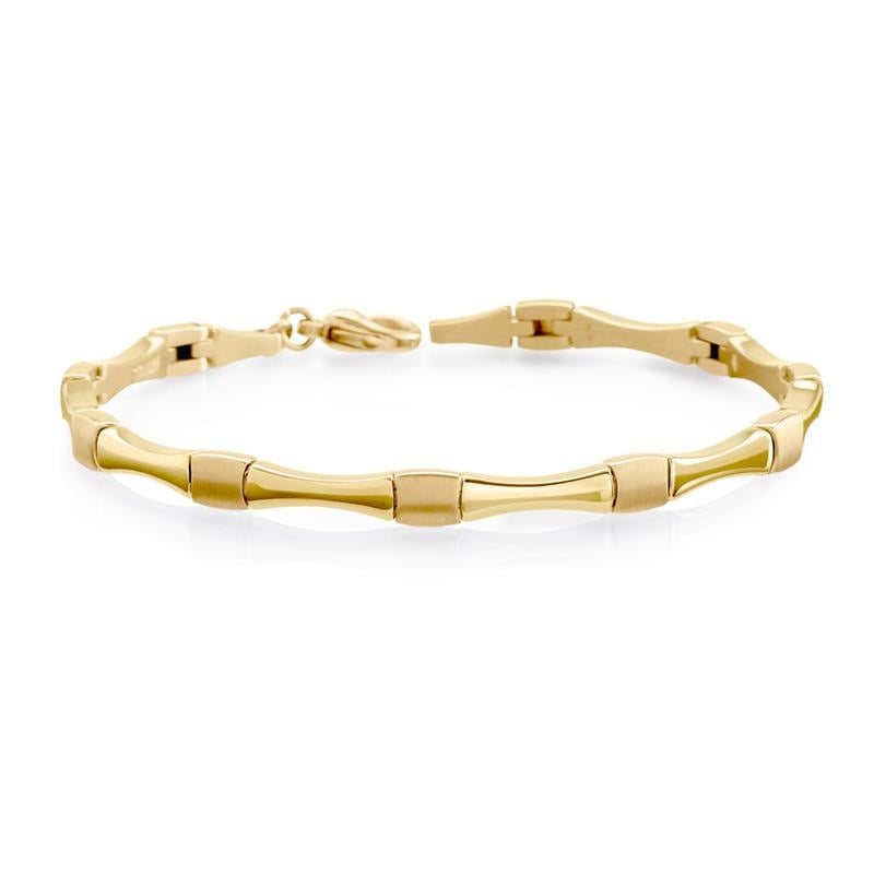 Bracciale in titanio con finitura dorata, design a maglia con elementi allungati.