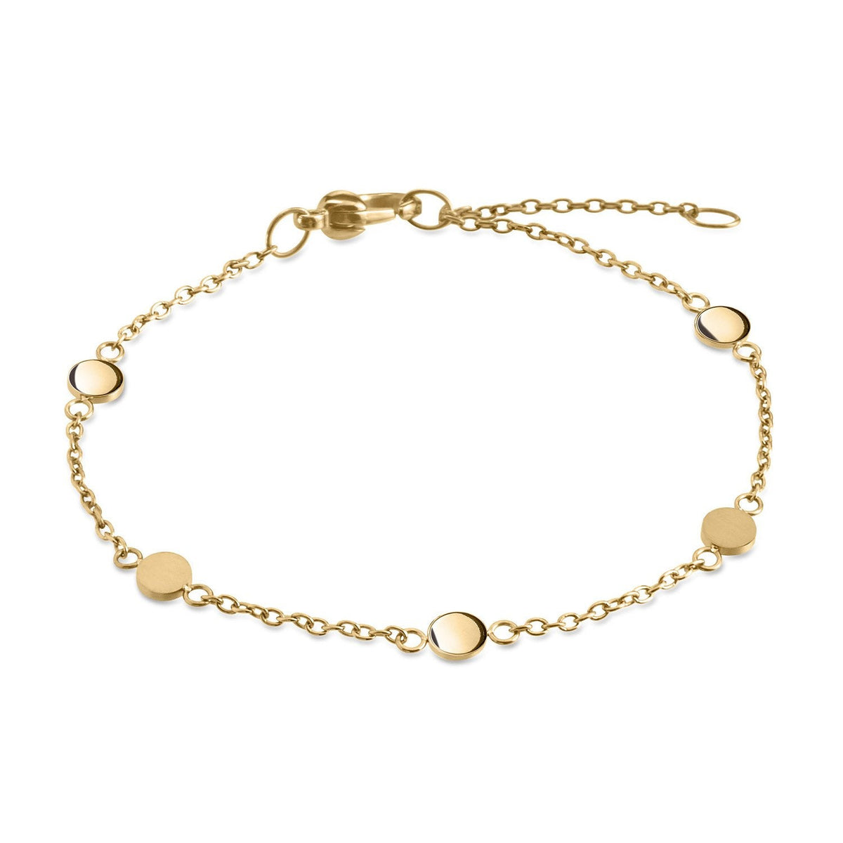 Bracciale in titanio dorato con dischi rotondi e chiusura regolabile.