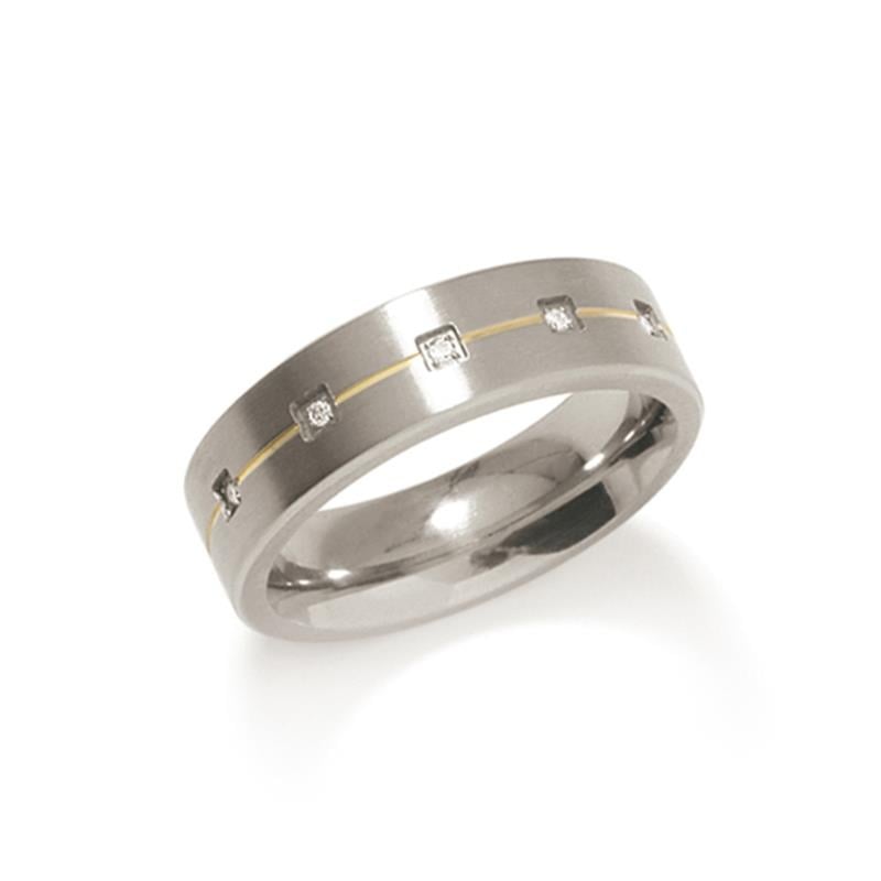 Anello in titanio bicolore con diamanti, finitura lucida e design moderno.