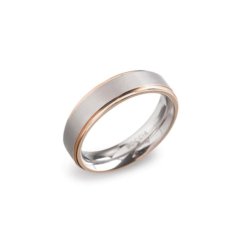 Anello in titanio bicolore con finitura lucida e dettagli in oro rosa.