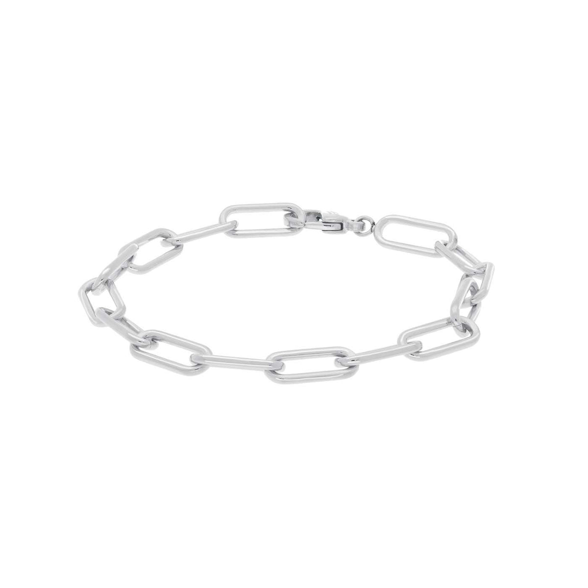 Bracciale in titanio con maglie ovali, finitura lucida e chiusura a moschettone.