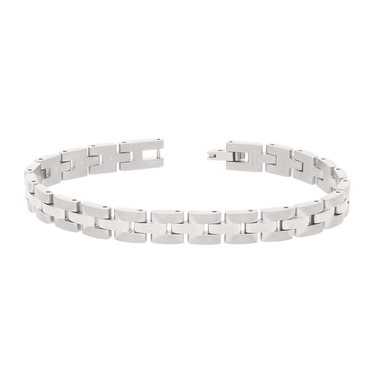 Bracciale in titanio argentato con maglie rettangolari e chiusura a scatto.