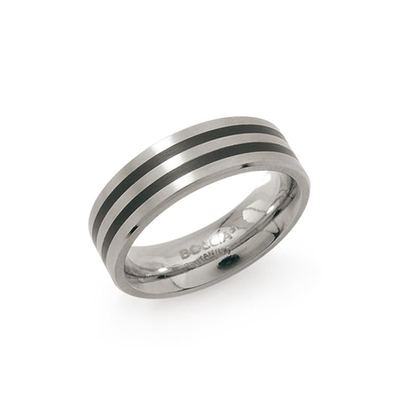 Anello in titanio con smalto nero e strisce argentate.