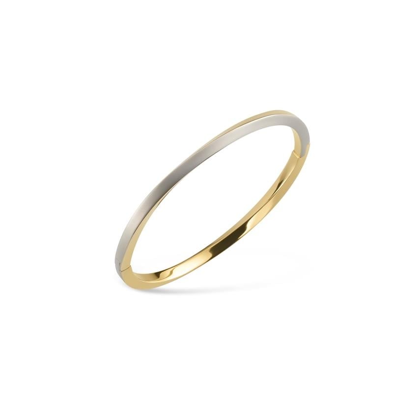 Bracciale rigido bicolore in titanio, con finitura lucida e linee semplici.