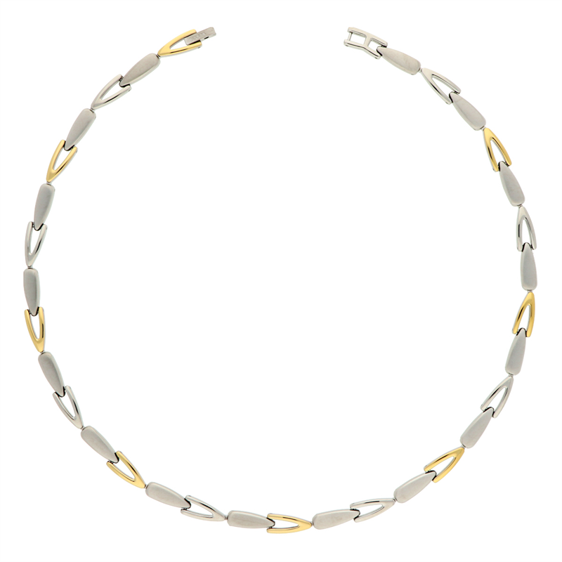 Collana bicolore in titanio con elementi grigi e dettagli dorati.
