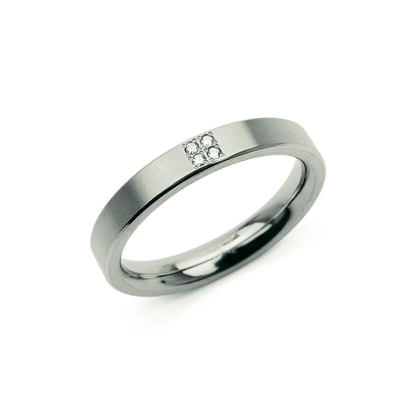 Anello in titanio grigio con dettagli in zirconia, forma liscia e finitura opaca.
