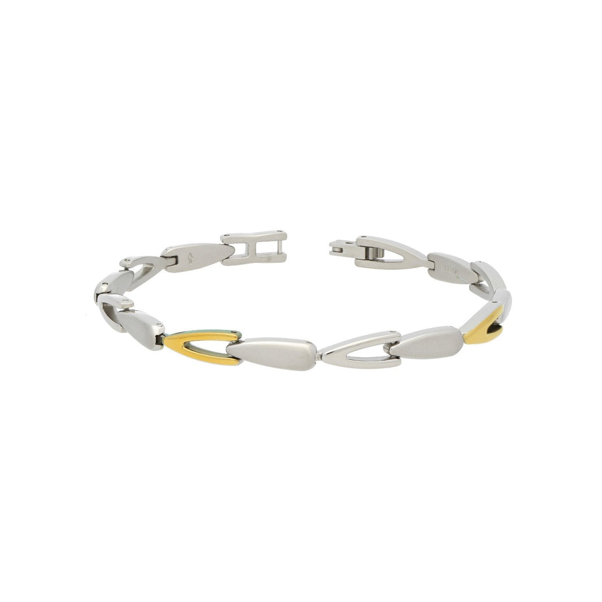 Bracciale in titanio con elementi argentati e dettagli dorati, design moderno e linee fluide.