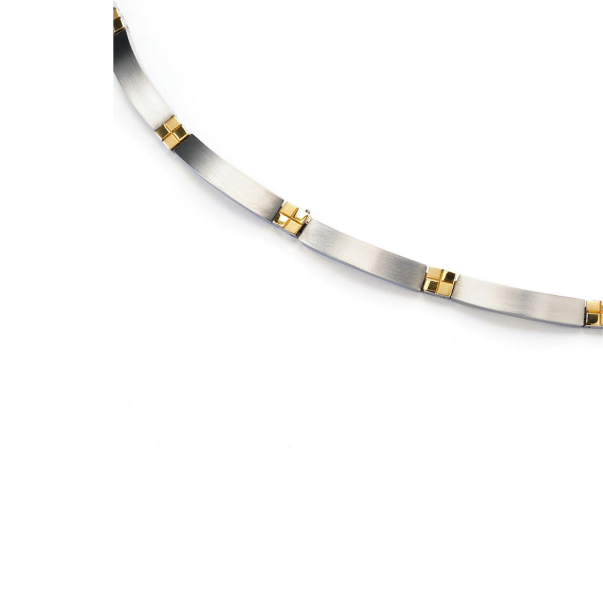 Collana in titanio bicolore con elementi dorati e finitura opaca.
