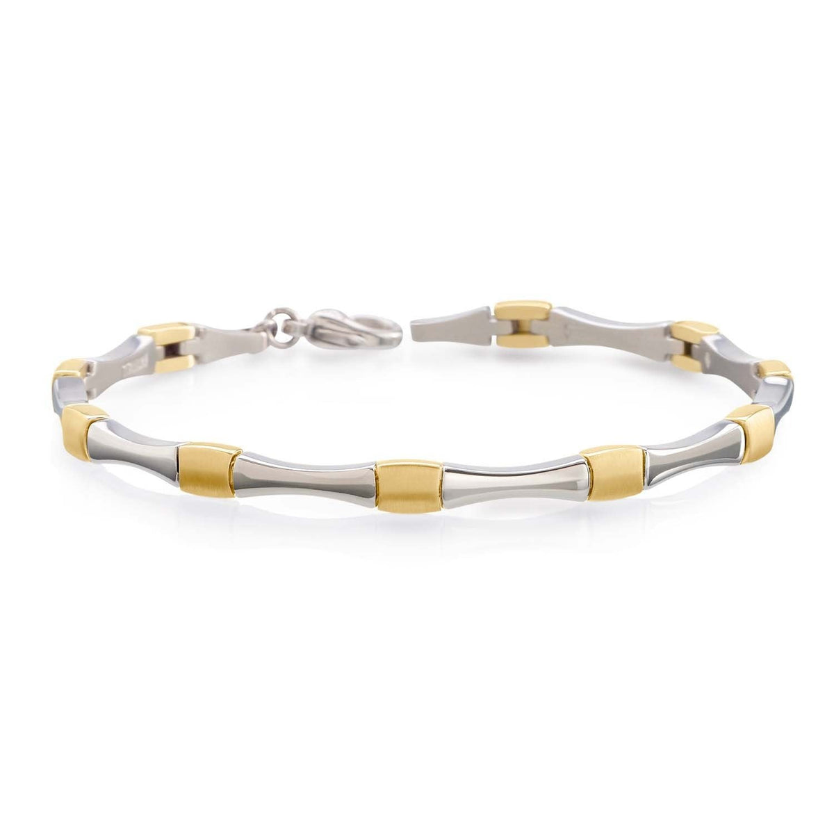 Bracciale in titanio bicolore con elementi argentati e dorati, design ondulato.