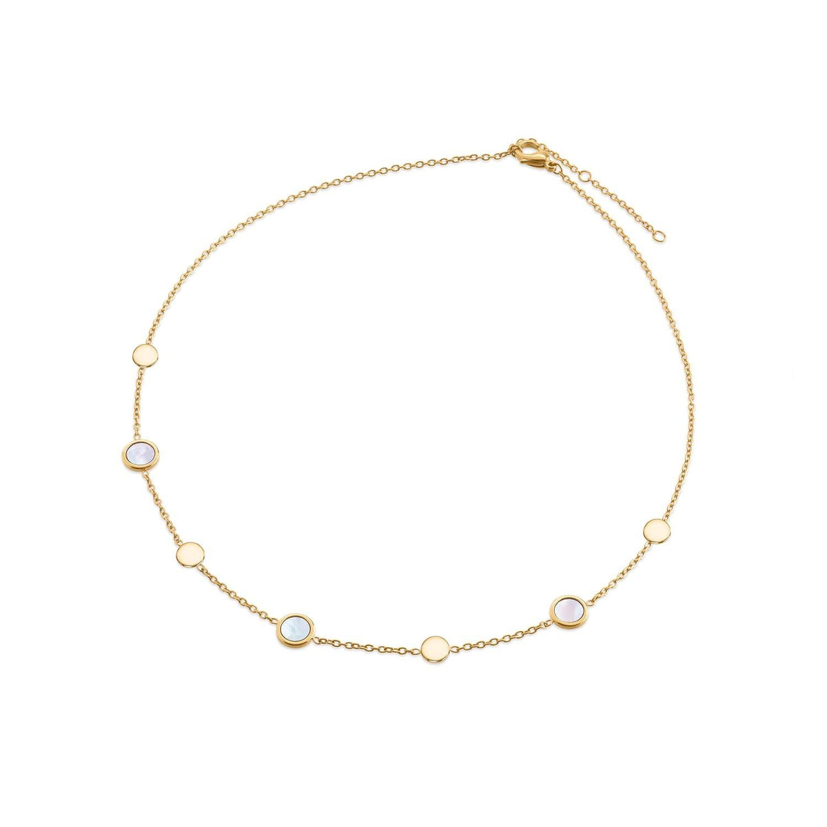 Collana in titanio dorato con sette elementi rotondi e pietre opalina.