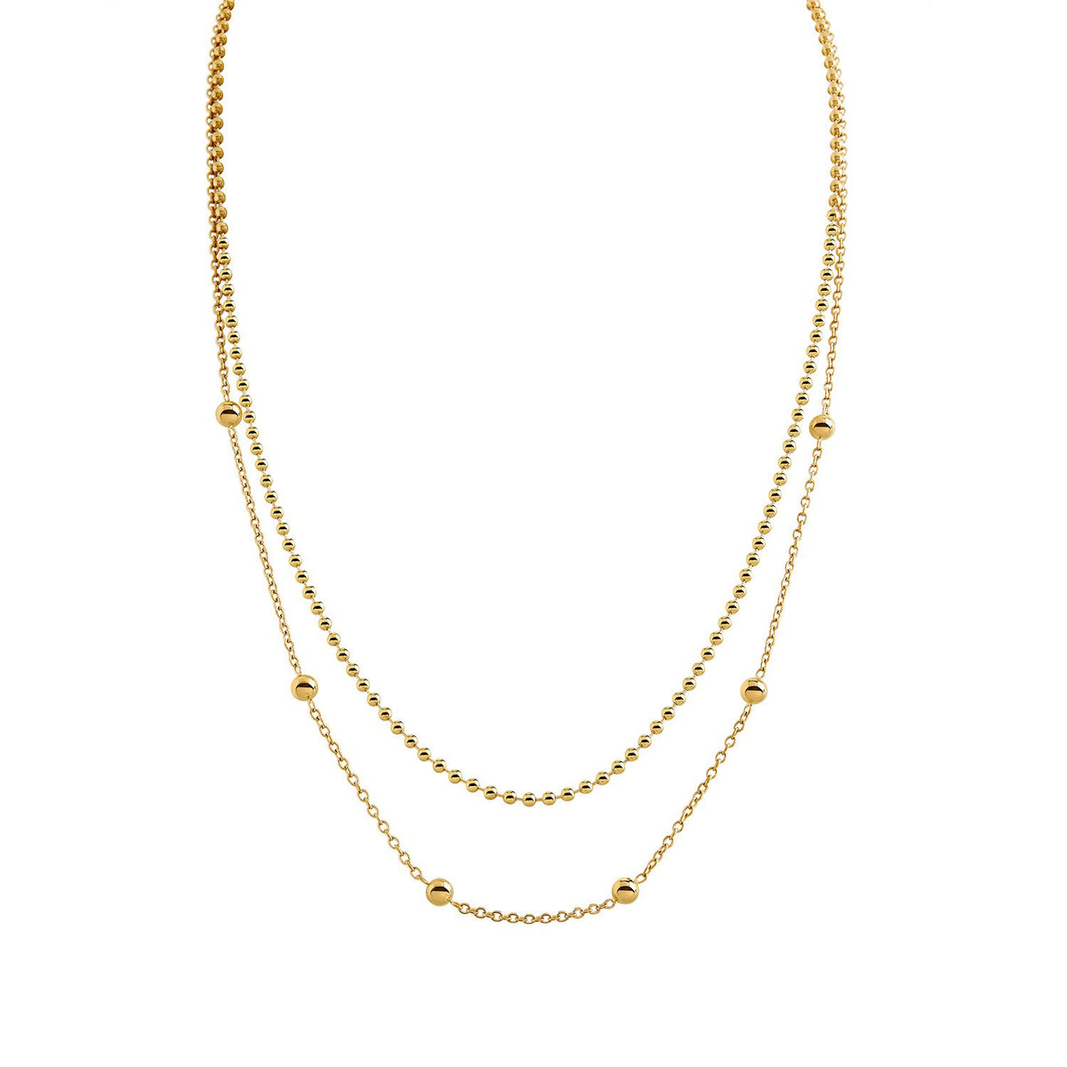 Collana in titanio dorato con due catene e sfere decorative.