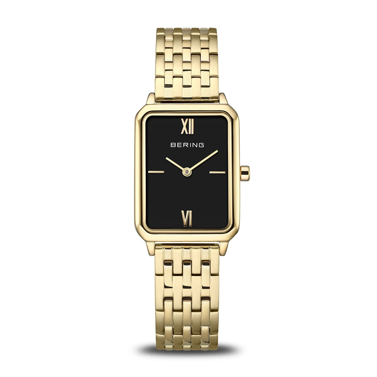 Orologio da donna con quadrante nero e cassa dorata, bracciale in maglia rolò.
