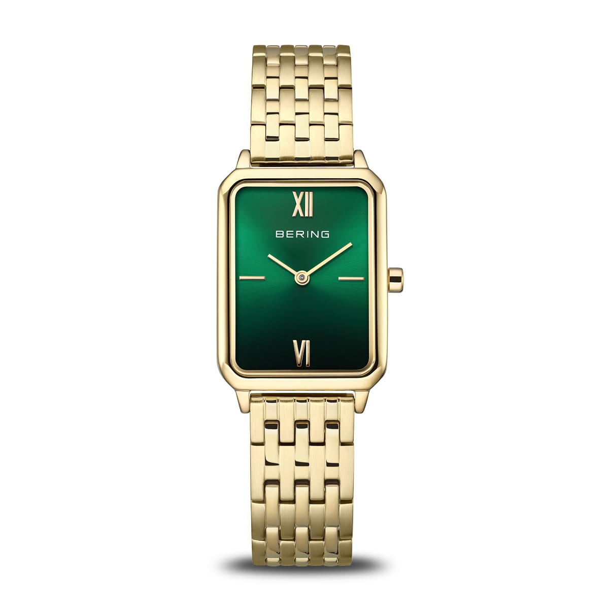 Orologio da donna con quadrante verde, cassa dorata rettangolare e bracciale maglia rolò.