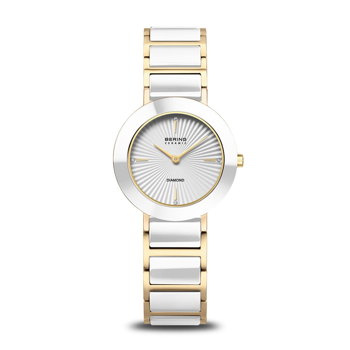 Orologio con quadrante bianco, cassa argentata e cinturino in acciaio dorato e bianco.