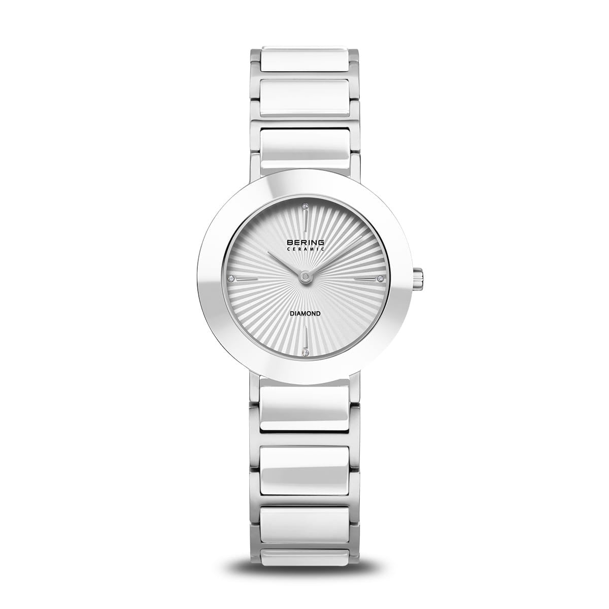 Orologio con quadrante bianco e bracciale in acciaio lucido.