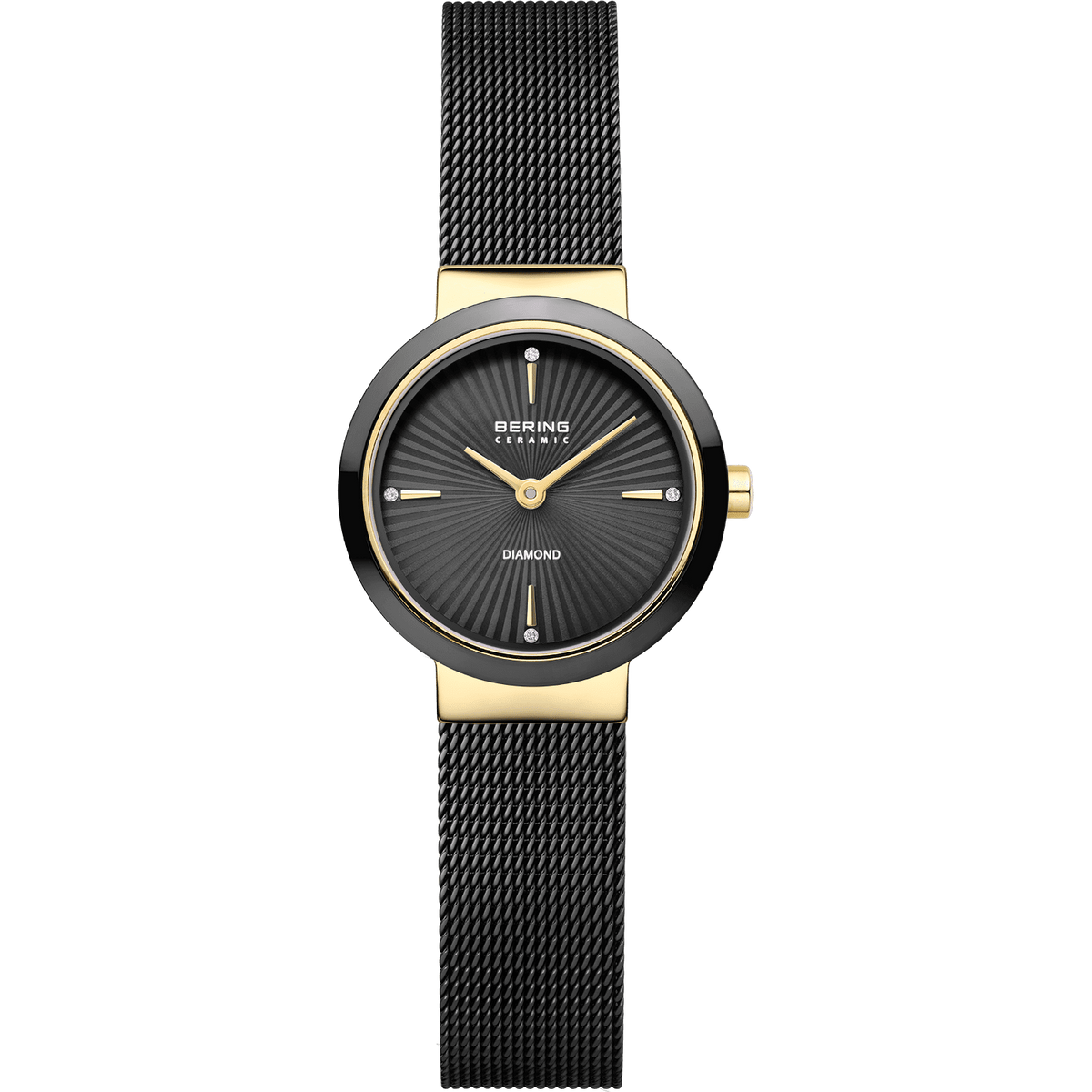 Orologio da donna con quadrante nero, cassa dorata e cinturino in maglia rolò nera.
