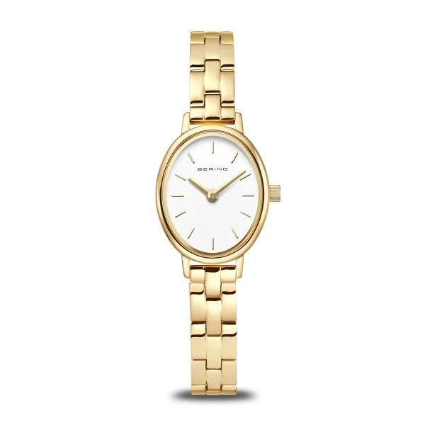Orologio dorato con quadrante bianco e cassa ovale, cinturino in maglia rolò.