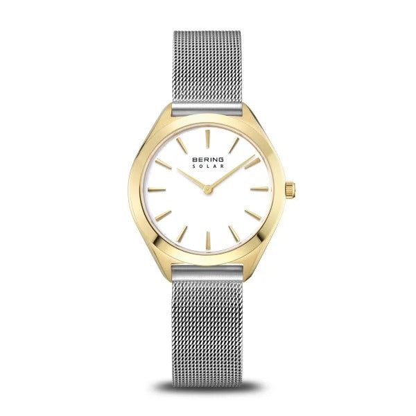 Orologio con cassa dorata, quadrante bianco e cinturino in maglia rolò argentata.