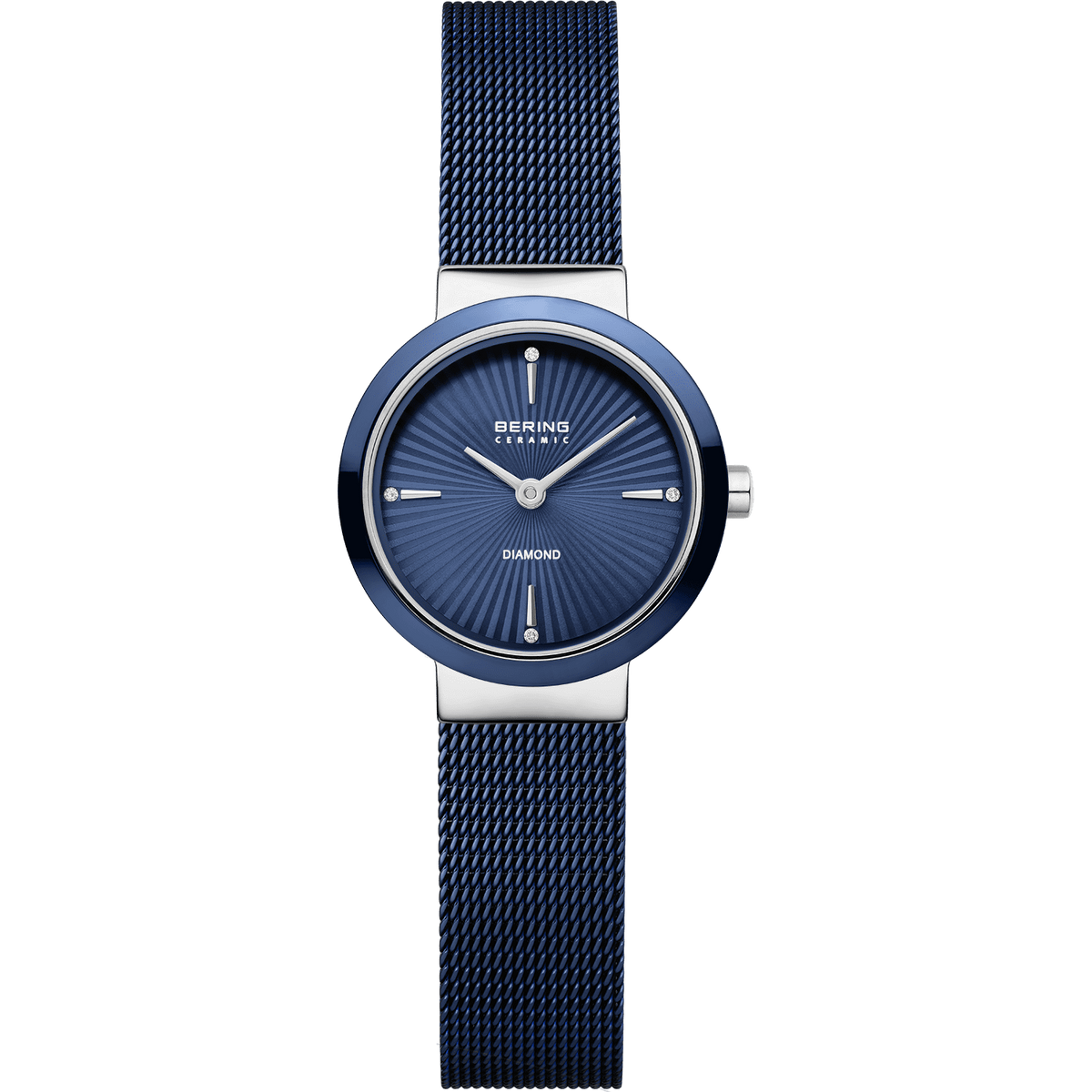 Orologio da donna con quadrante blu, cassa in acciaio e cinturino in maglia rolò blu.