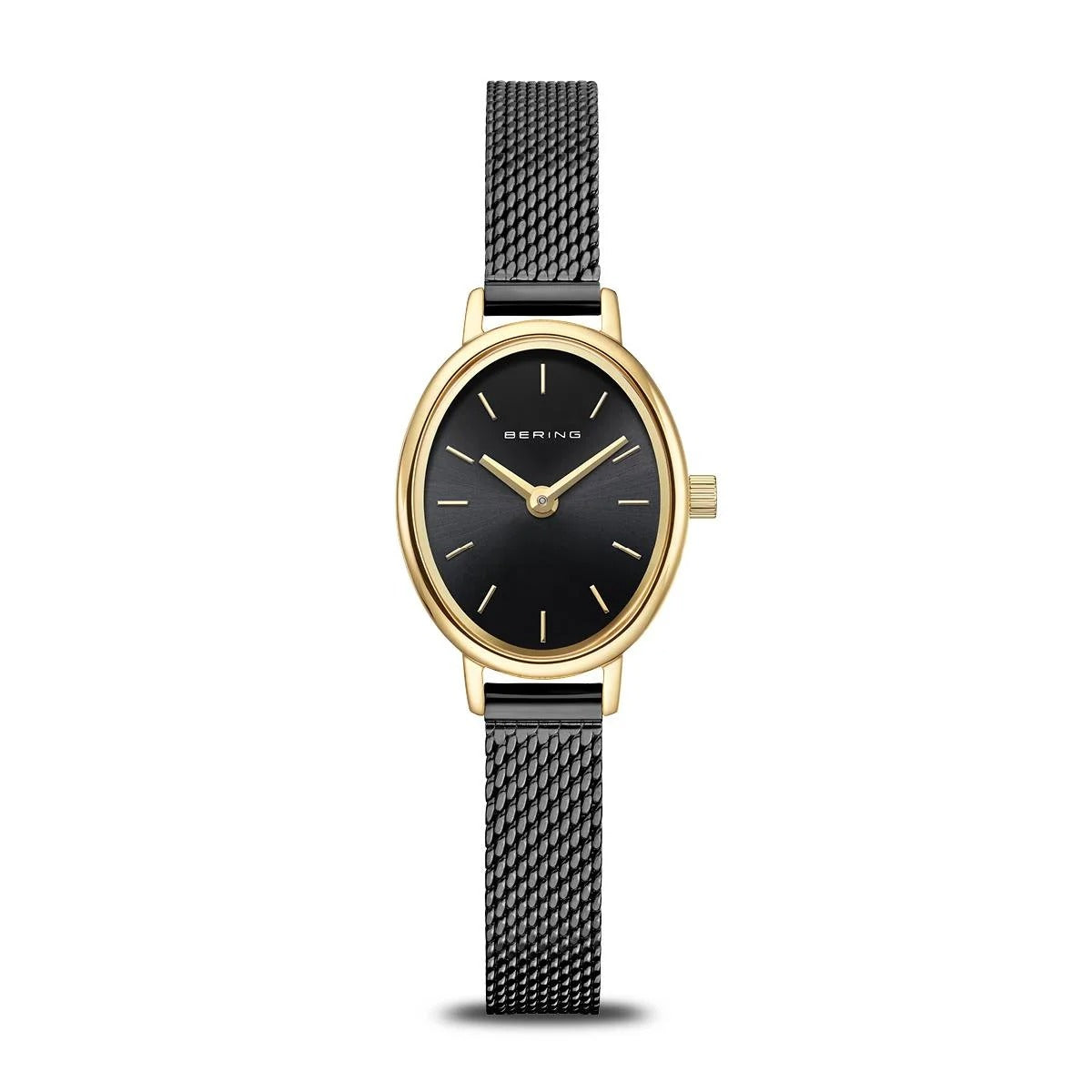 Orologio con cassa dorata, quadrante nero e cinturino in maglia rolò nera.