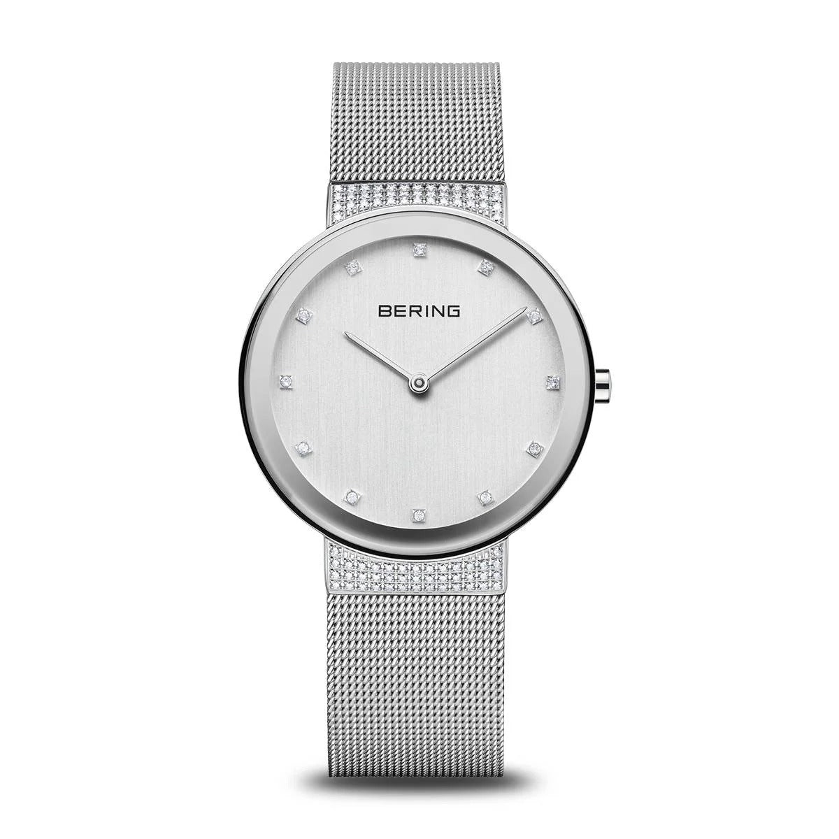 Orologio da donna Bering con cassa argentata, quadrante bianco e cinturino in maglia rolò.