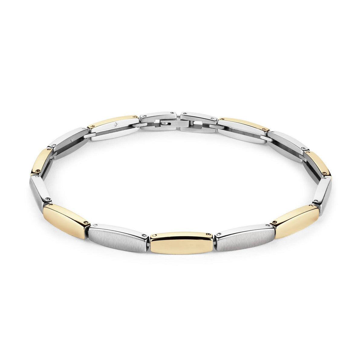Bracciale in titanio bicolore con elementi ovali argentati e dorati.