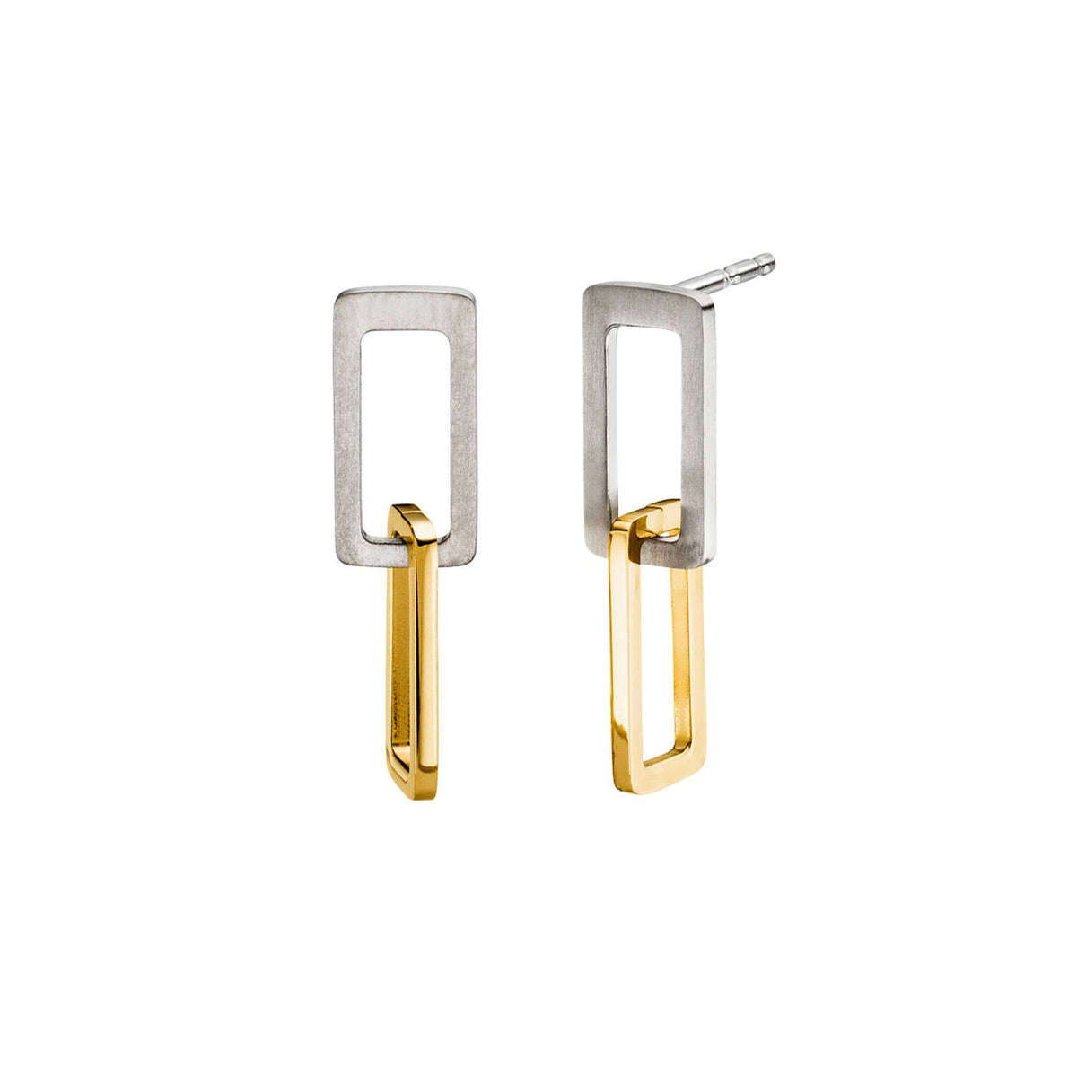 Orecchini in titanio con dettagli in oro, forma rettangolare e lunghezza di 2 cm.