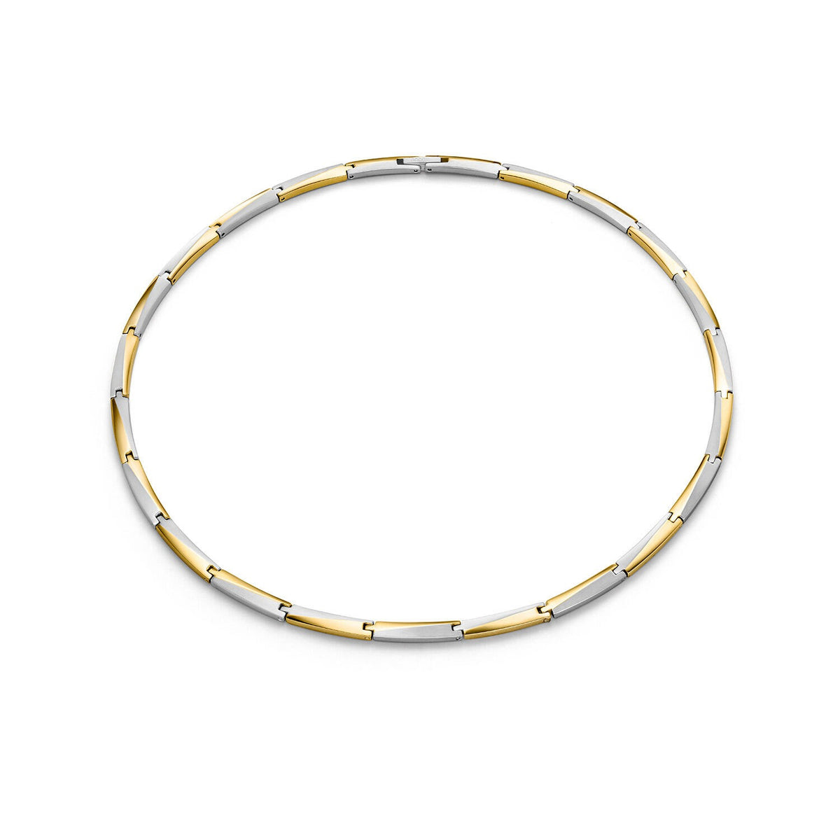 Collana bicolore in titanio con elementi argentati e dorati, design a maglia alternata.