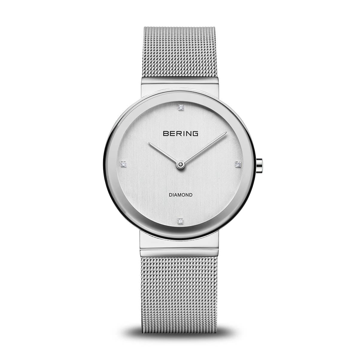 Orologio da donna Bering con cassa rotonda argentata, quadrante bianco e cinturino in maglia rolò.