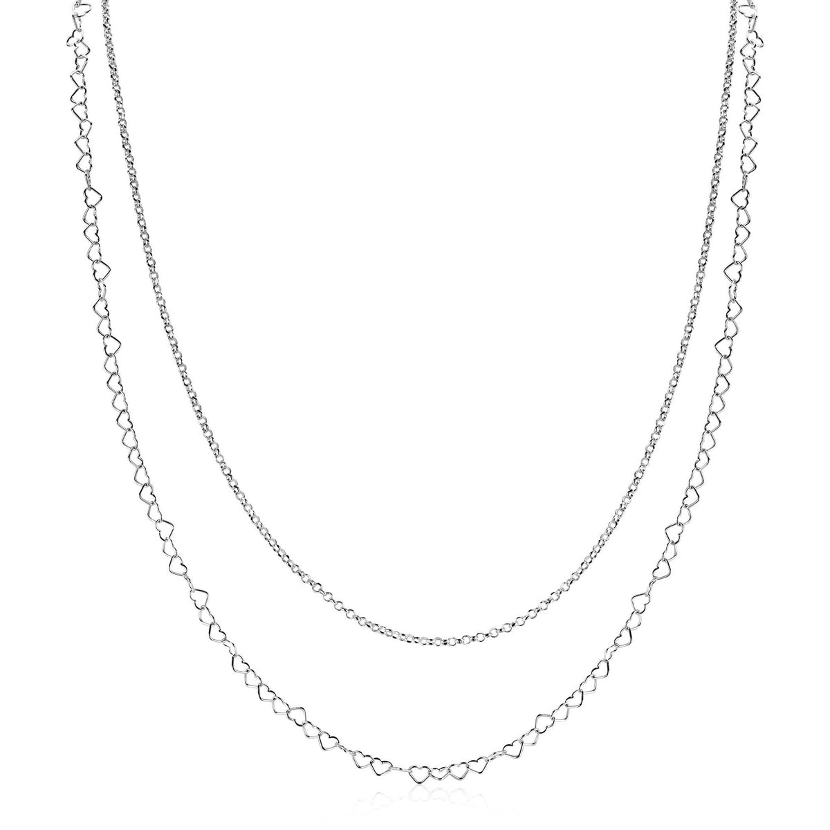 Collana d'argento con maglie a forma di cuore, composta da due fili sovrapposti.