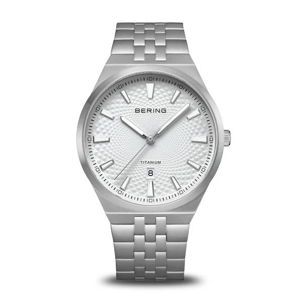 Orologio da uomo in titanio grigio spazzolato con quadrante guilloché.